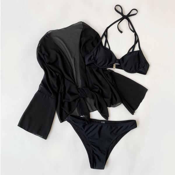 

3pack Underwire Bikini Swimsuit With Kimono, Black