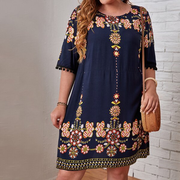 

Plus Pompom Detail Floral Print Dress, Navy blue