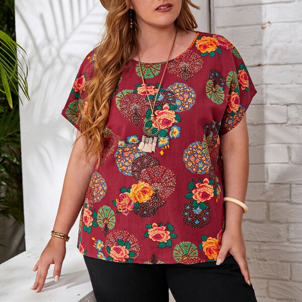 

Plus Batwing Sleeve Floral Top, Multicolor