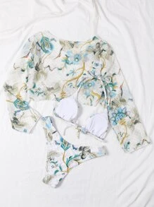 3packs Crane Print Halter Bikini Set & Kimono Summer Beach - Multicolor - View 2