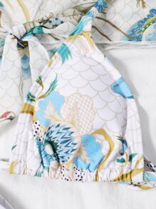 3packs Crane Print Halter Bikini Set & Kimono Summer Beach - Multicolor - View 6