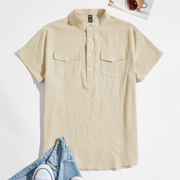 

Men Flap Pocket Half Button Placket Shirt, Khaki