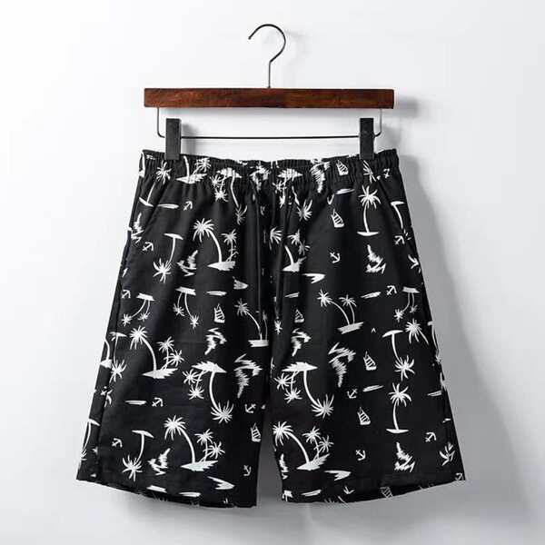 

Men Tropical Print Drawstring Waist Shorts, Black