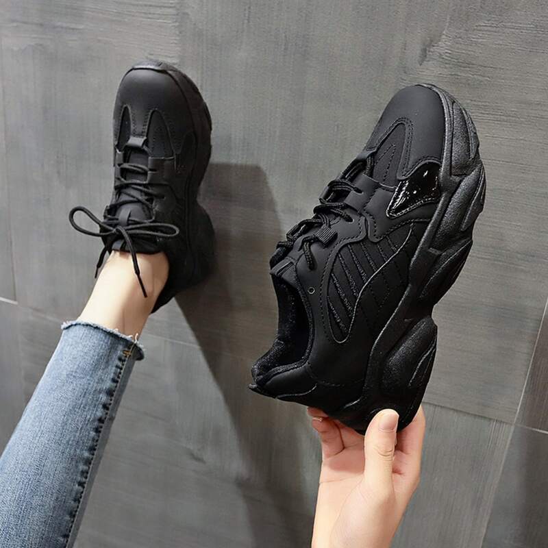 

Solid Lace-up Chunky Sneakers, Black