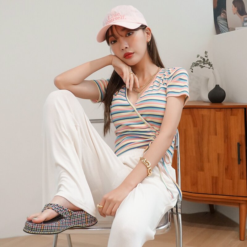 

Striped Drawstring Front Crop Tee, Multicolor