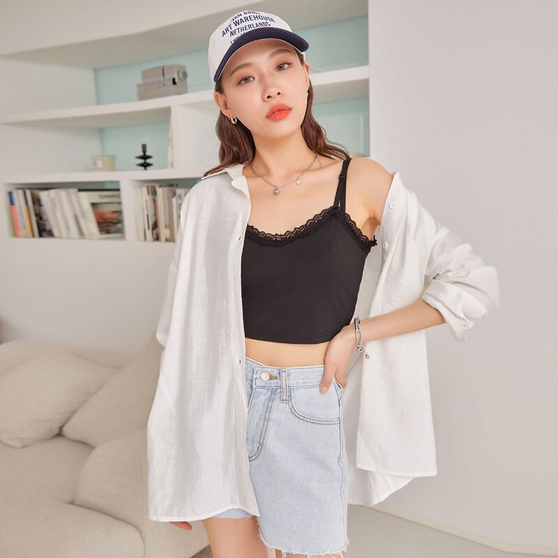 

Lace Trim Solid Cami Top Without Blouse, Black