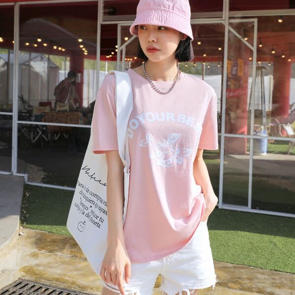 

Slogan And Floral Print Tee, Baby pink