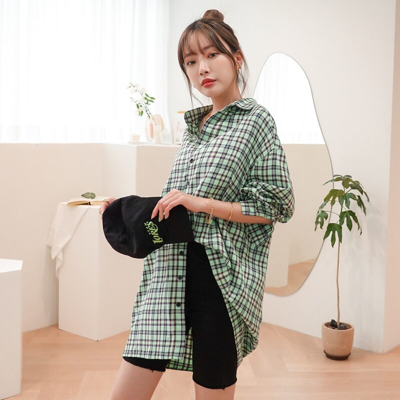 

Tartan Button Up Longline Blouse, Green