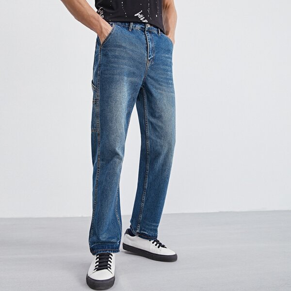 

Men Zipper Fly Patch Pocket Jeans, Dark wash