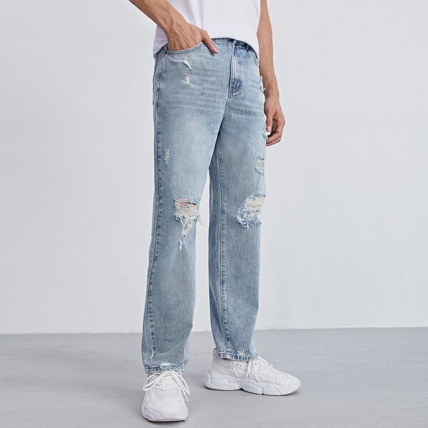 

Men Ripped Straight Leg Jeans, Light wash