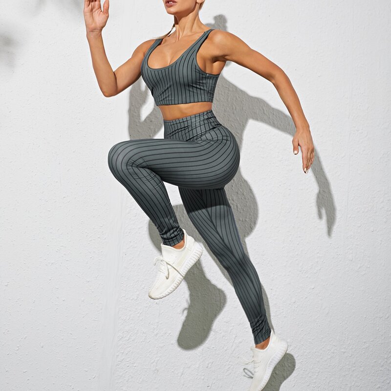 

Striped Sports Bra & Wide Waistband Leggings, Grey