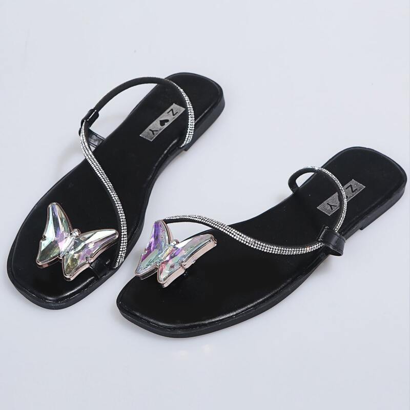 

Butterfly Toe Ring Rhinestone Strap Sandals, Black