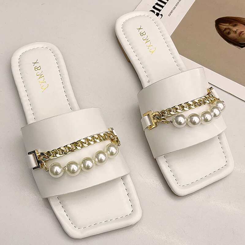 

Faux Pearl Band Slide Sandals, White