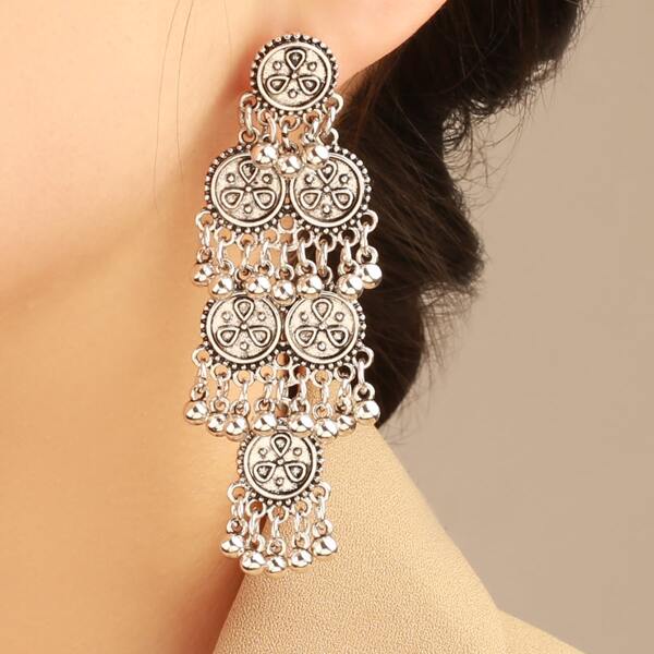

Round Ball Tassel Drop Earrings, Antique silver
