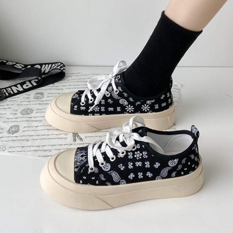 

Floral & Paisley Lace-up Canvas Sneakers, Black