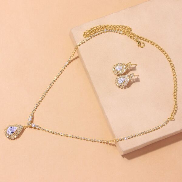 

1pc Rhinestone Pendant Necklace & 1pair Earrings, Gold