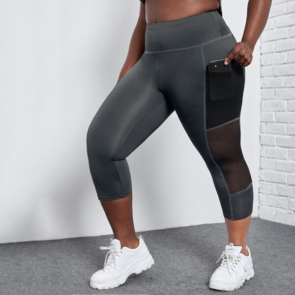 

Plus Contrast Mesh Capris Sports Leggings With Phone Pocket, Dark grey
