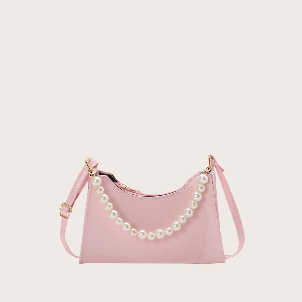 

Faux Pearl Solid Satchel Bag, Baby pink