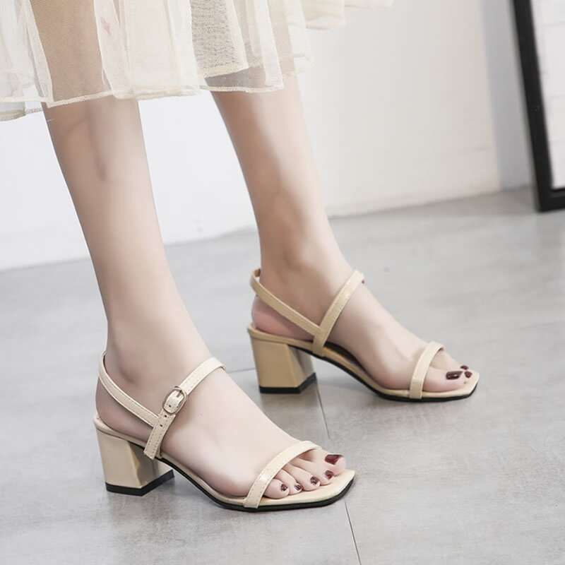 

Chunky Heeled Ankle Strap Sandals, Beige