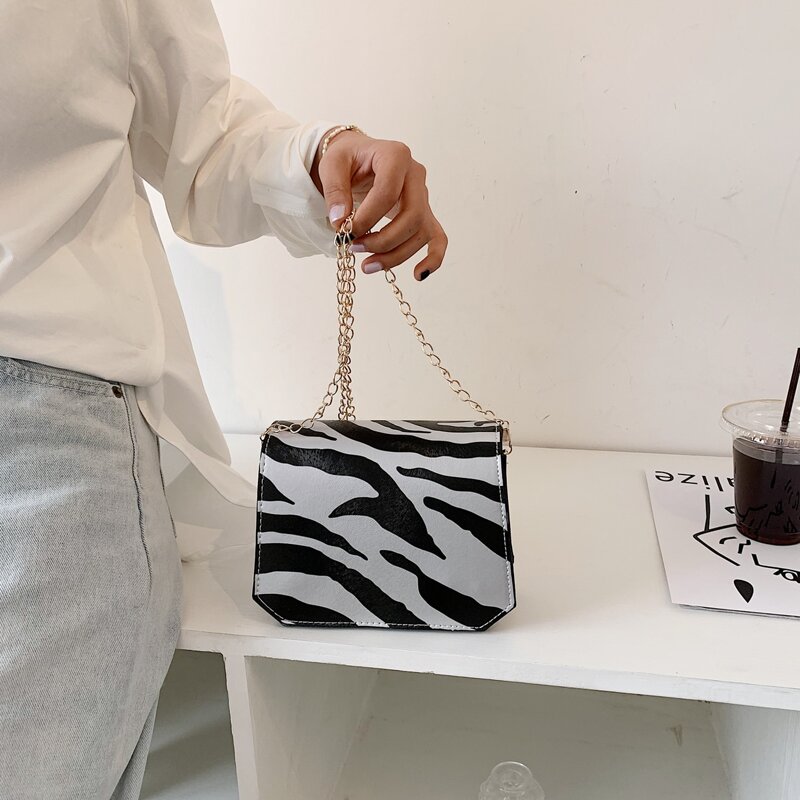 

Zebra Striped Chain Crossbody Bag, Black and white