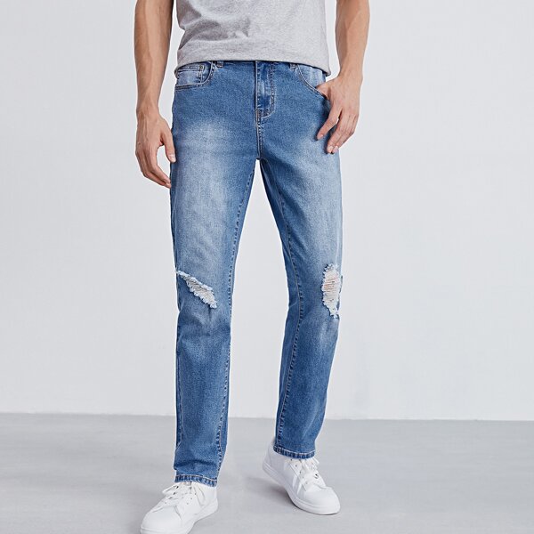 

Men Ripped Straight Leg Jeans, Medium wash