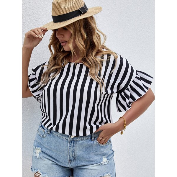 

Plus Ruffle Cuff Striped Blouse, Black and white