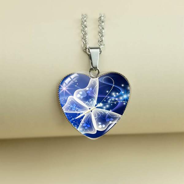 

Butterfly Pattern Heart Charm Necklace, Royal blue