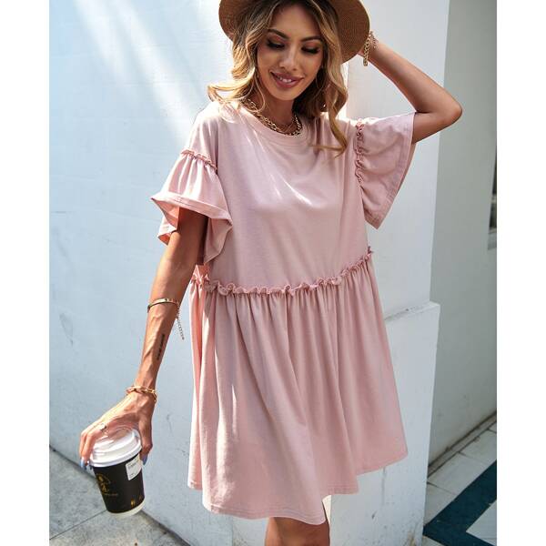 

Frill Trim Solid Smock Dress, Baby pink