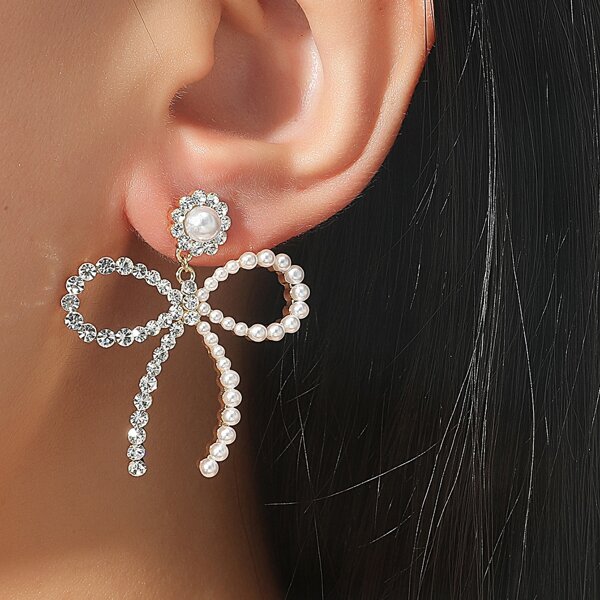 

Faux Pearl Bow Knot Drop Earrings, Gold
