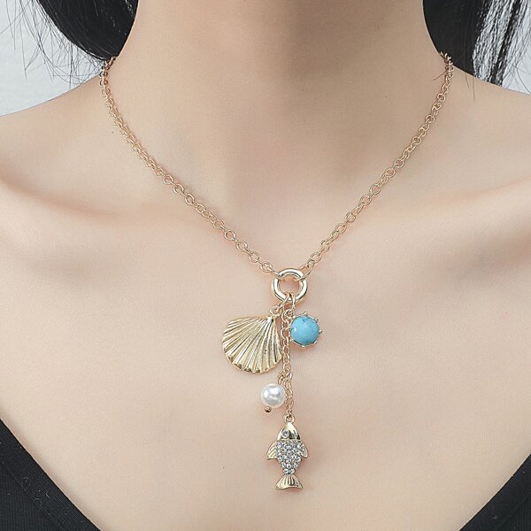

Faux Pearl Shell Charm Necklace, Gold