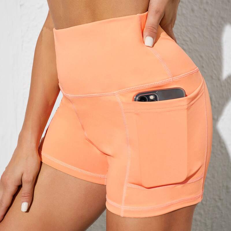 

Wide Band Waist Sports Shorts With Phone Pocket, Coral orange