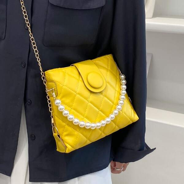 

Faux Pearl Handle Quilted Satchel Bag, Yellow