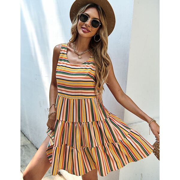 

Multi-Stripe Ruffle Hem Babydoll Dress, Multicolor