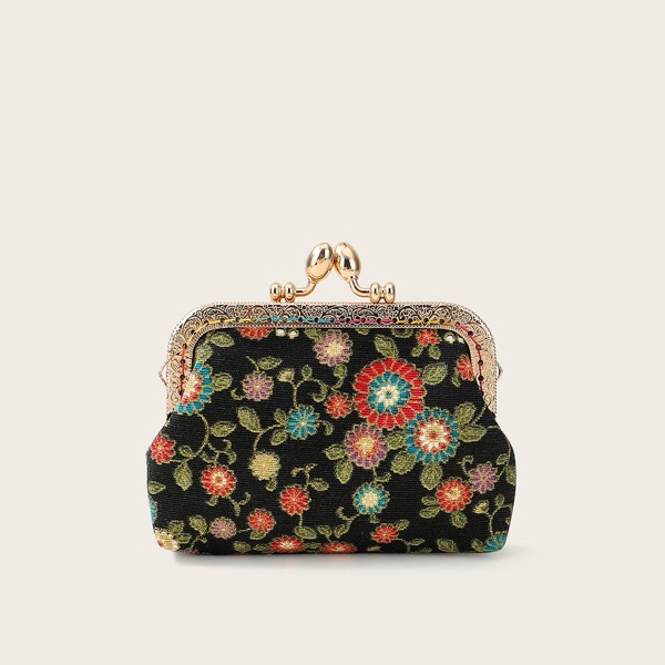 

Floral Graphic Kiss Lock Purse, Black