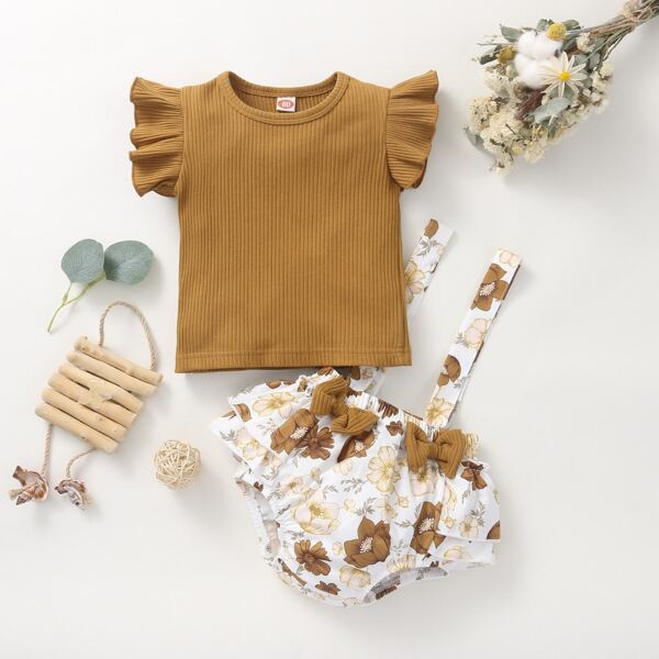 

Baby Girl Ruffle Trim Tee & Floral Suspender Shorts, Multicolor