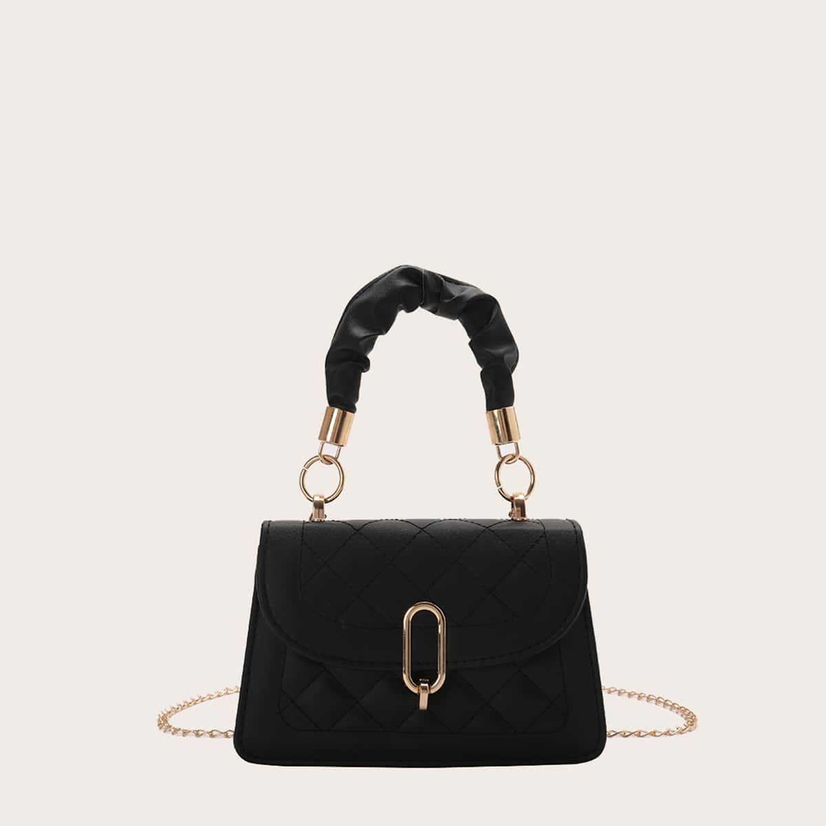 

Quilted Chain Satchel Bag, Black
