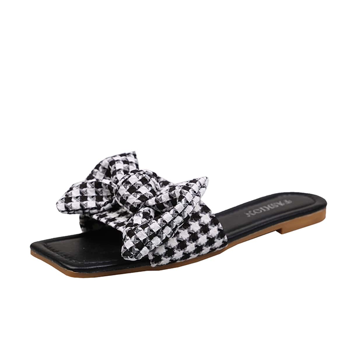 

Houndstooth Bow Slide Sandals, Black and white