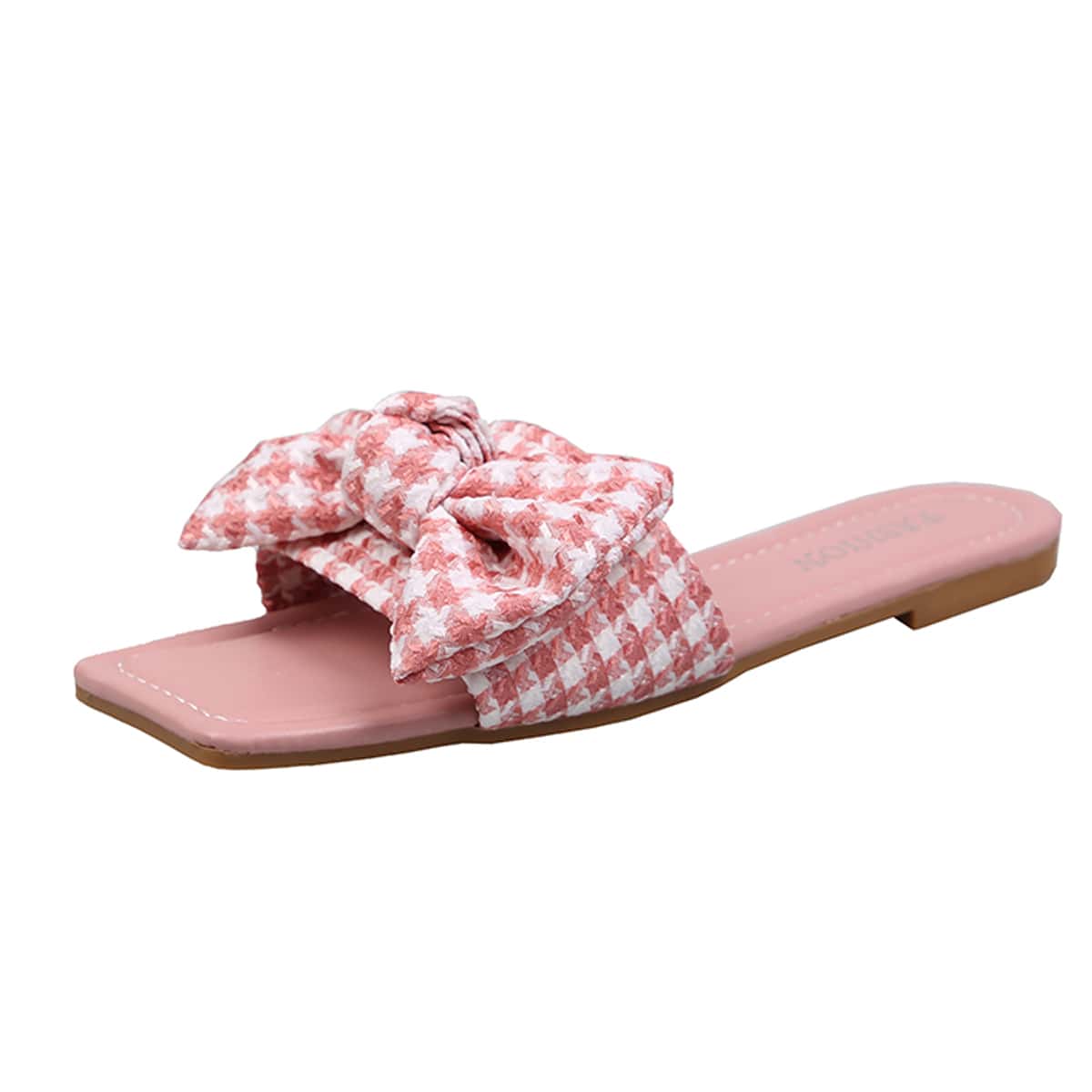 

Houndstooth Bow Slide Sandals, Baby pink
