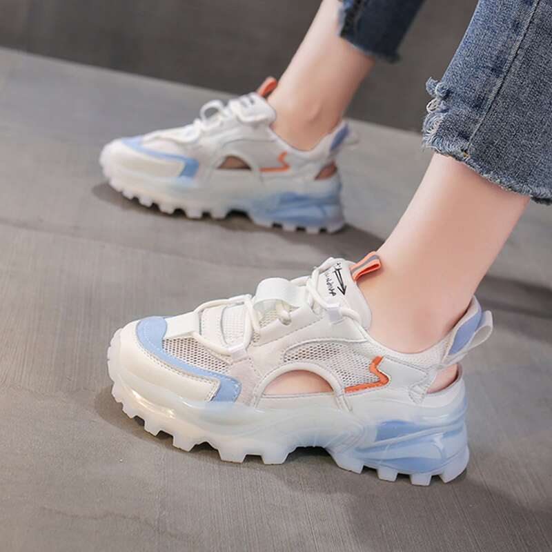 

Cut Out Lace-up Mesh Chunky Sneakers, Beige