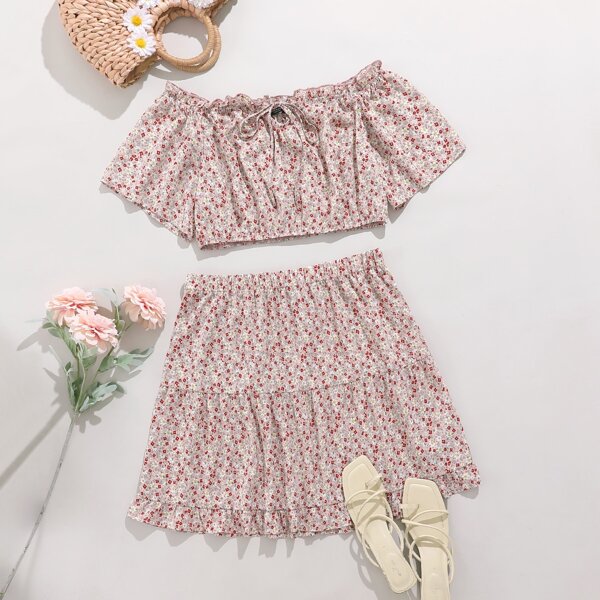 

Plus Frill Trim Ditsy Floral Top With Skirt, Multicolor