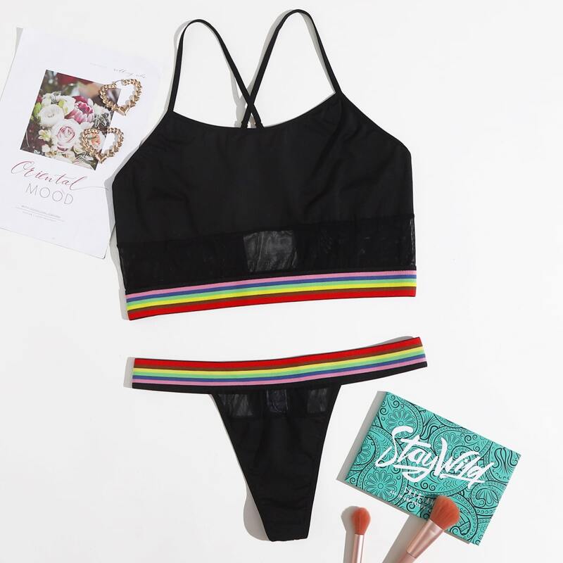 

Plus Stripe Tape Lingerie Set, Black