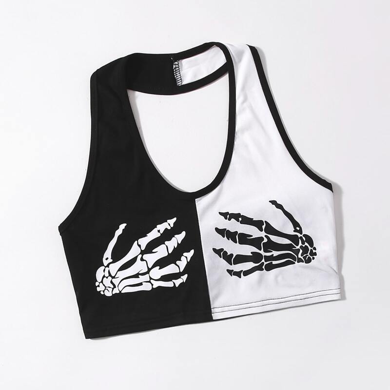 

Two Tone Skeleton Graphic Halter Top, Black and white