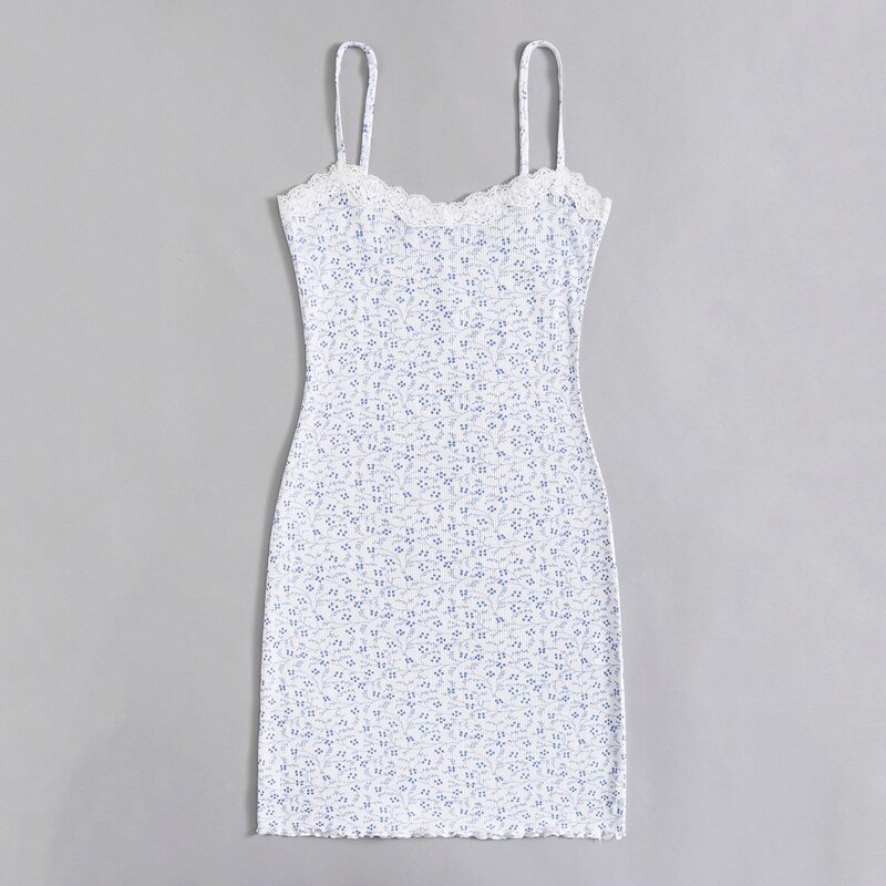

Contrast Lace All Over Print Cami Dress, Blue and white