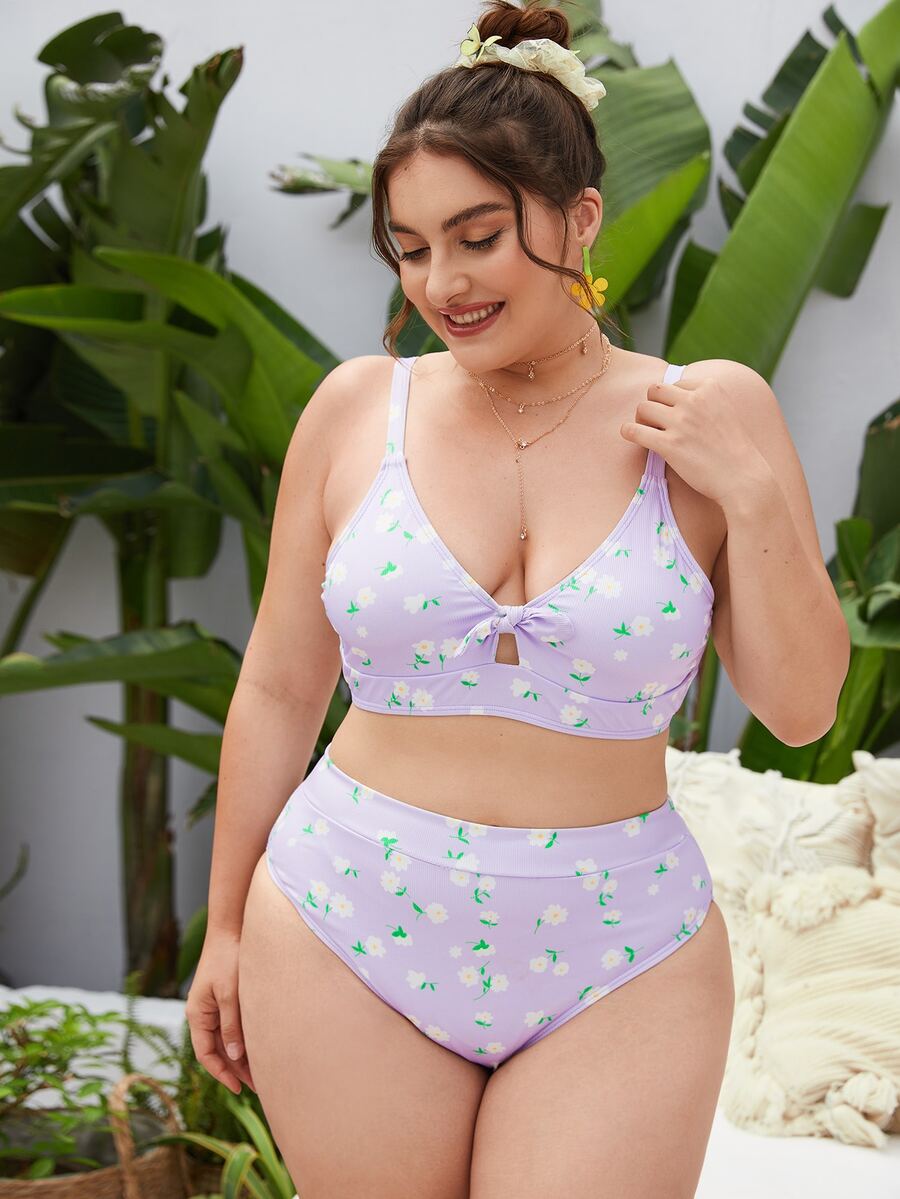 大码花卉罗纹前系带比基尼套装夏季海滩 - 紫丁香色 - 查看 1
