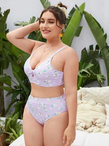 大码花卉罗纹前系带比基尼套装夏季海滩 - 紫丁香色 - 查看 3