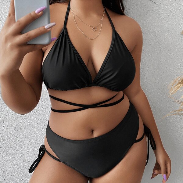 

Plus Criss Cross Halter Bikini Swimsuit, Black