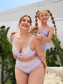 大码花卉罗纹前系带比基尼套装夏季海滩 - 紫丁香色 - 查看 4