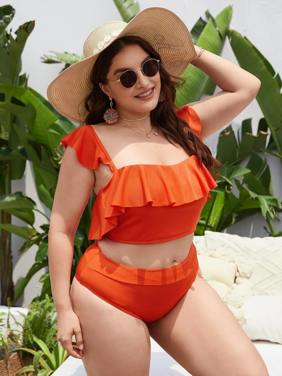 Conjunto de bikini con volantes y cintura alta talle grande para playa de verano - Naranja - Ver 1
