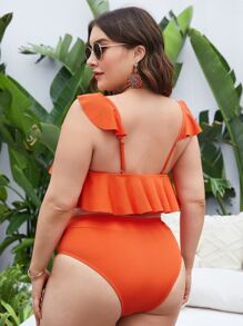 Conjunto de bikini con volantes y cintura alta talle grande para playa de verano - Naranja - Ver 2