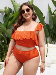 Conjunto de bikini con volantes y cintura alta talle grande para playa de verano - Naranja - Ver 3
